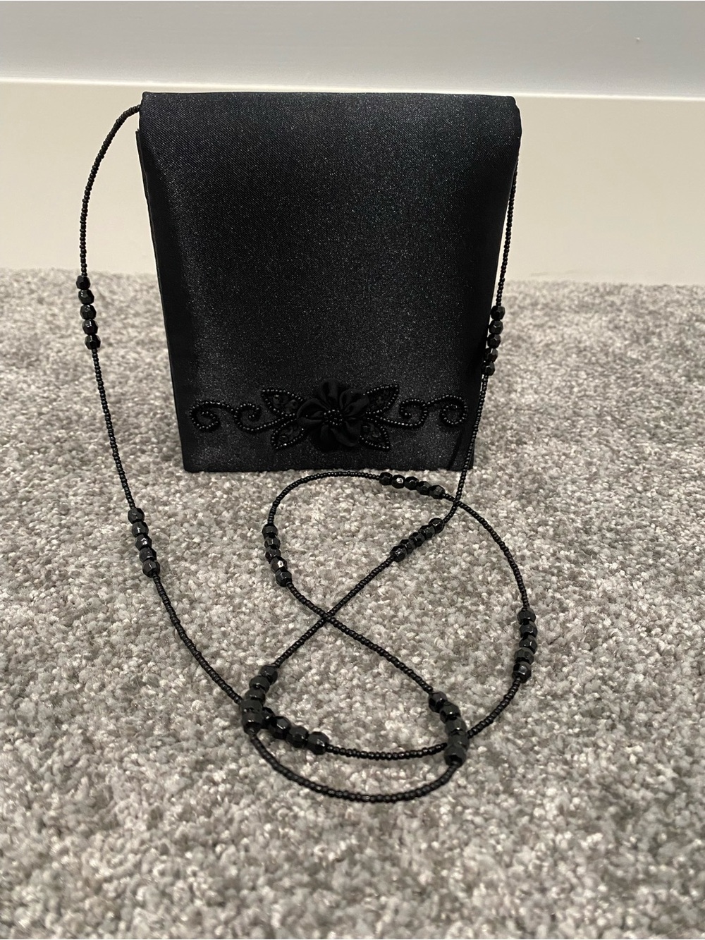 Vintage Jessica McClintock Satin Beaded Floral Formal Evening Mini Bag Black